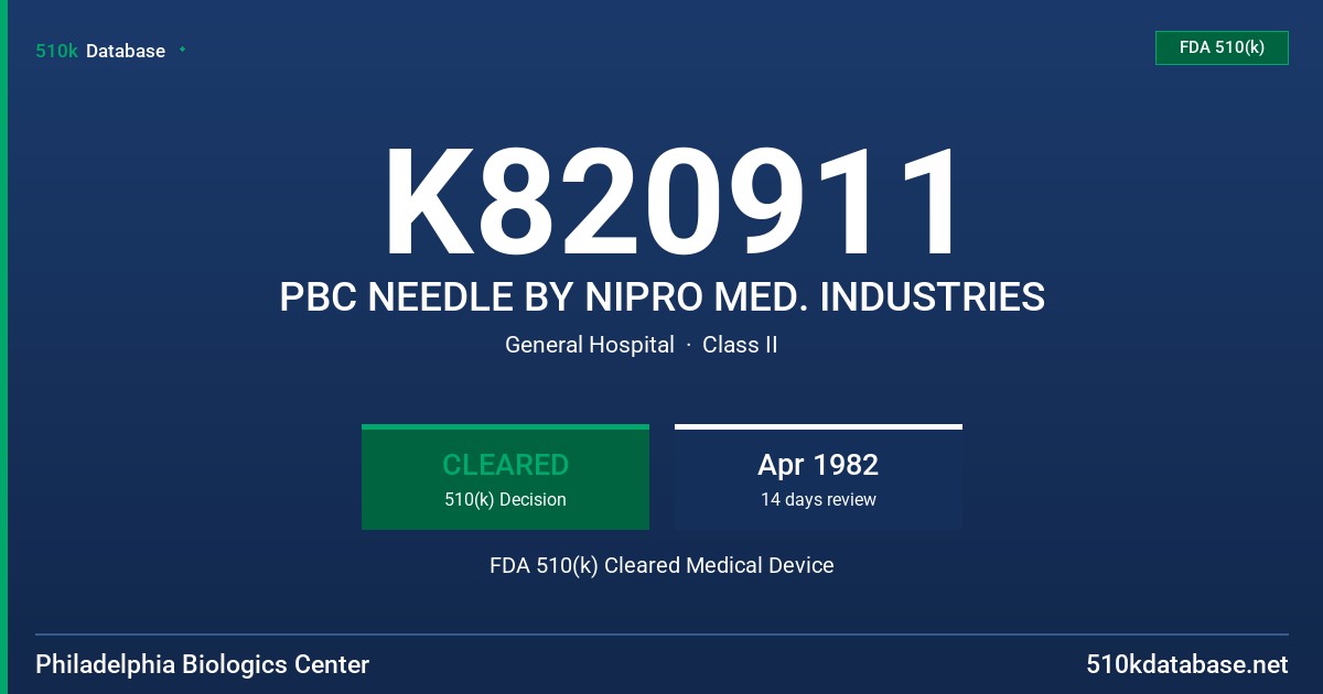 K820911 PBC NEEDLE BY NIPRO MED. INDUSTRIES FDA 510(k) Cleared Medical Device