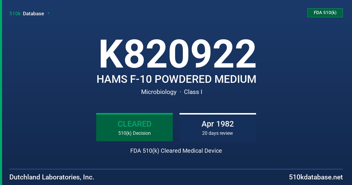 K820922 HAMS F-10 POWDERED MEDIUM FDA 510(k) Cleared Medical Device