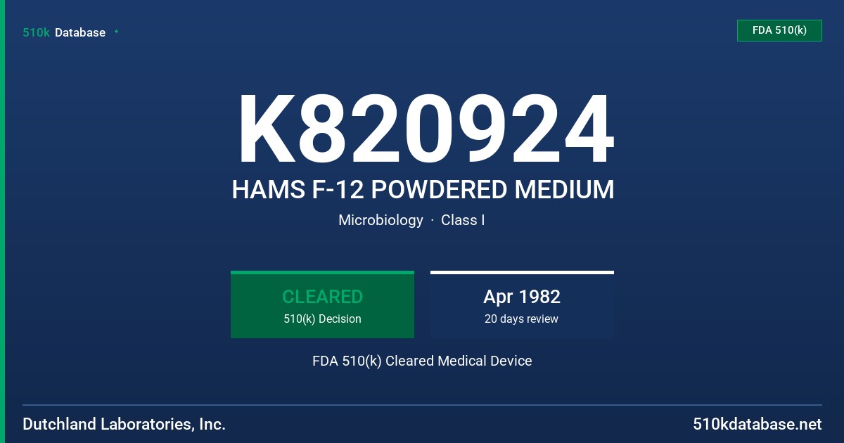 K820924 HAMS F-12 POWDERED MEDIUM FDA 510(k) Cleared Medical Device