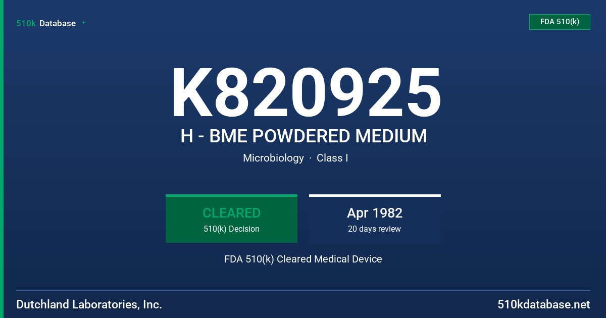 K820925 H - BME POWDERED MEDIUM FDA 510(k) Cleared Medical Device