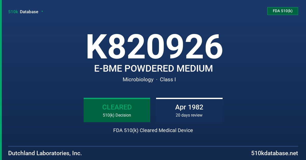 K820926 E-BME POWDERED MEDIUM FDA 510(k) Cleared Medical Device