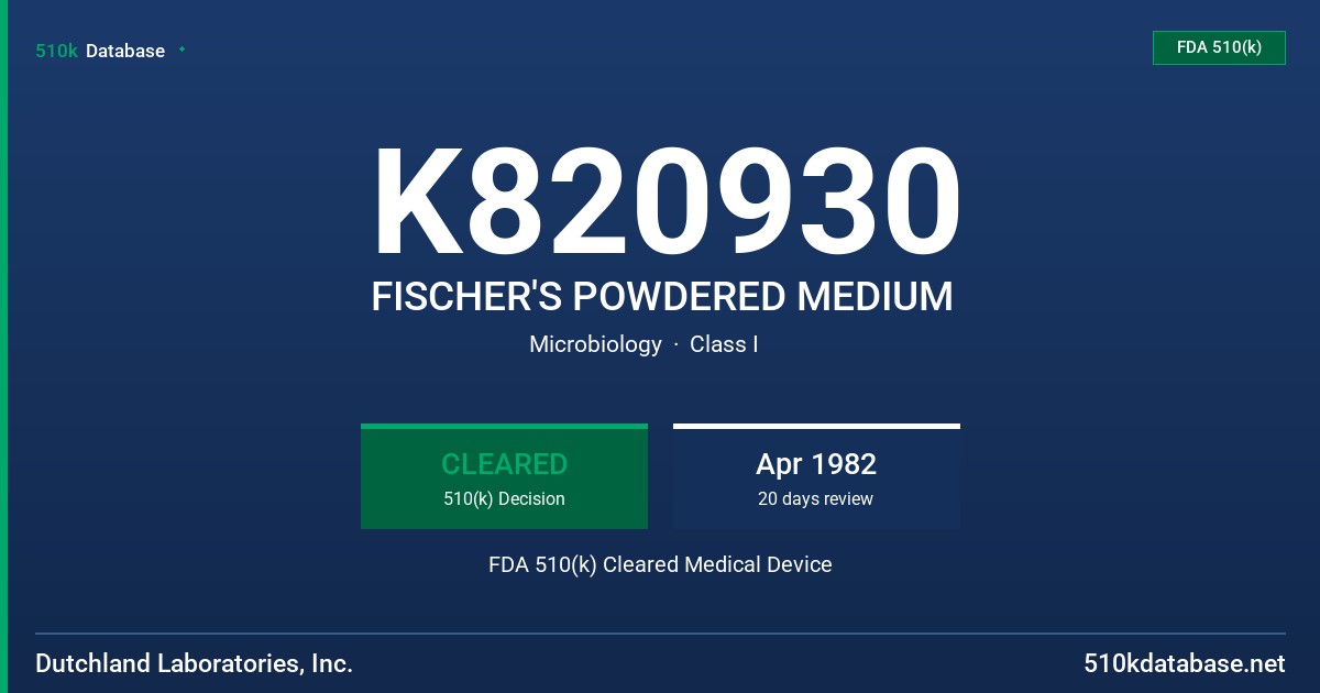 K820930 FISCHER'S POWDERED MEDIUM FDA 510(k) Cleared Medical Device