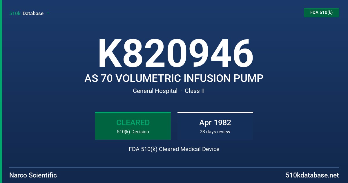 K820946 AS 70 VOLUMETRIC INFUSION PUMP FDA 510(k) Cleared Medical Device