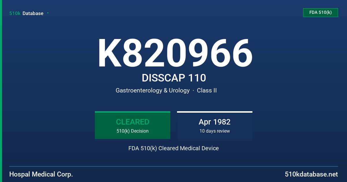 K820966 DISSCAP 110 FDA 510(k) Cleared Medical Device