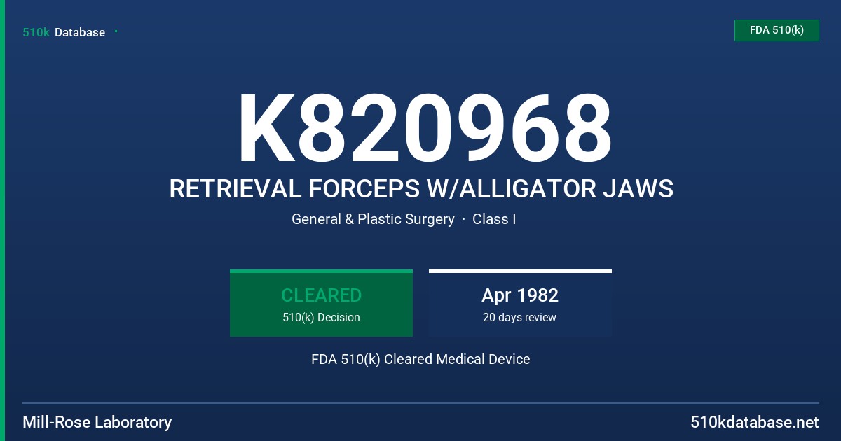 K820968 RETRIEVAL FORCEPS W/ALLIGATOR JAWS FDA 510(k) Cleared Medical Device