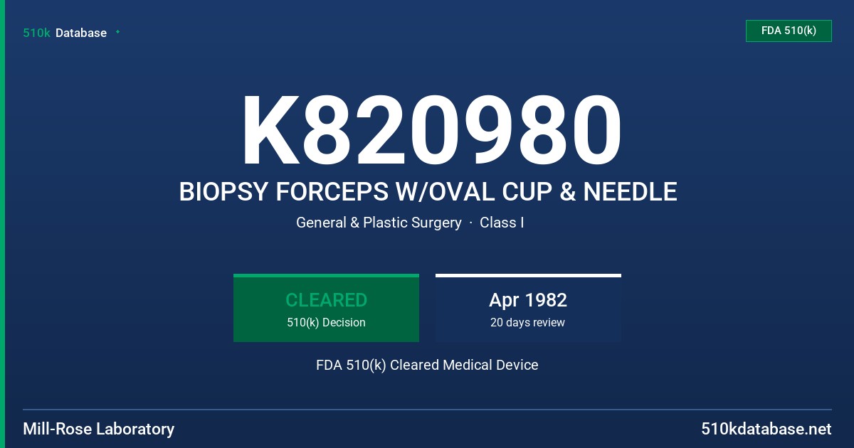K820980 BIOPSY FORCEPS W/OVAL CUP & NEEDLE FDA 510(k) Cleared Medical Device