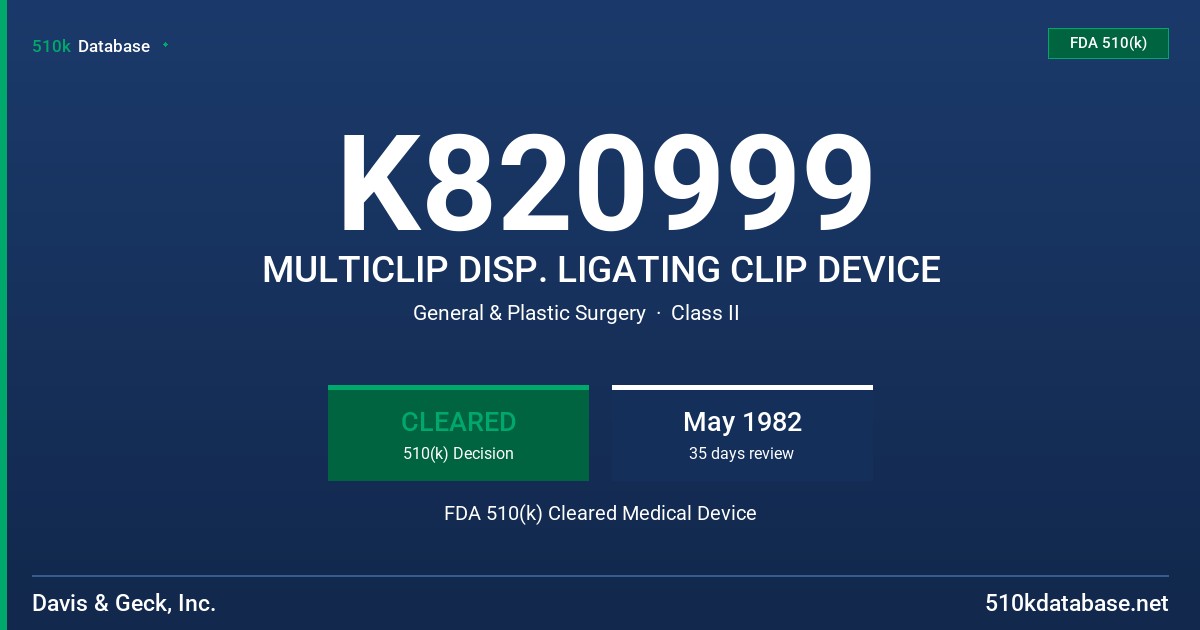 K820999 MULTICLIP DISP. LIGATING CLIP DEVICE FDA 510(k) Cleared Medical Device