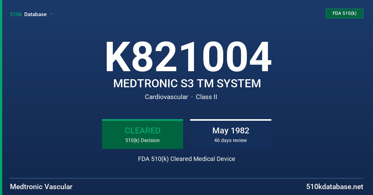 K821004 MEDTRONIC S3 TM SYSTEM FDA 510(k) Cleared Medical Device