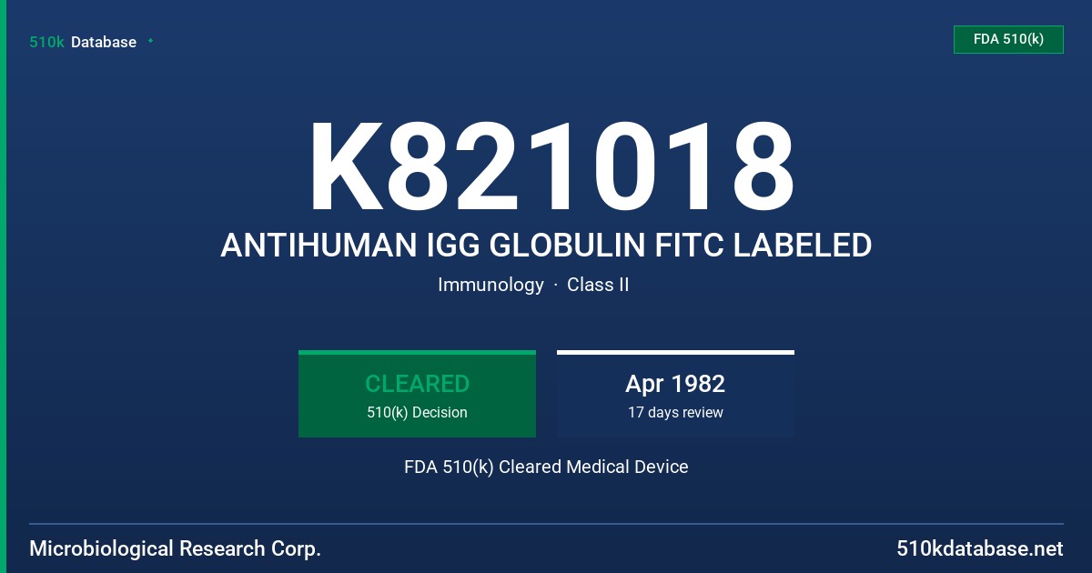 K821018 ANTIHUMAN IGG GLOBULIN FITC LABELED FDA 510(k) Cleared Medical Device