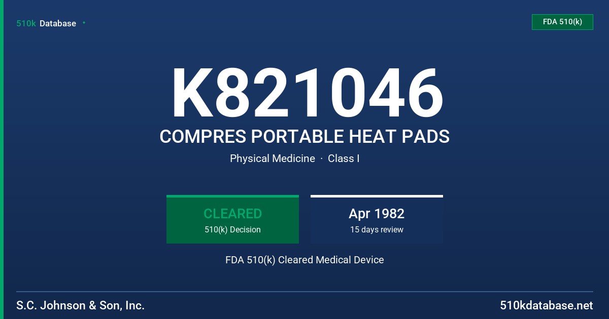 K821046 COMPRES PORTABLE HEAT PADS FDA 510(k) Cleared Medical Device