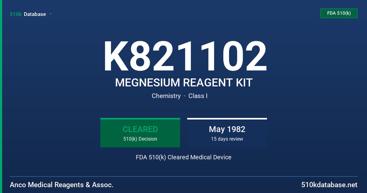 K821102 MEGNESIUM REAGENT KIT FDA 510(k) Cleared Medical Device