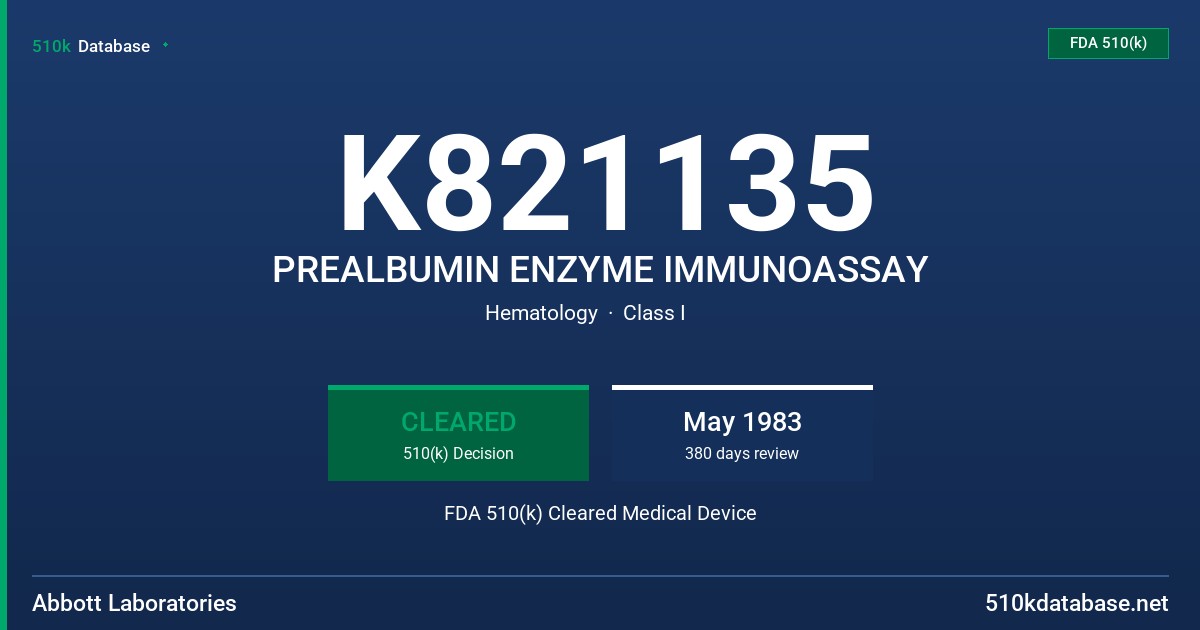 K821135 PREALBUMIN ENZYME IMMUNOASSAY FDA 510(k) Cleared Medical Device
