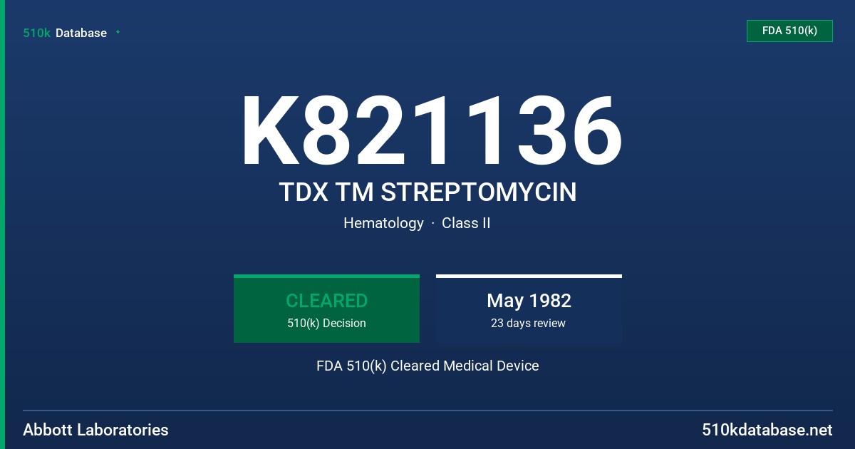 K821136 TDX TM STREPTOMYCIN FDA 510(k) Cleared Medical Device