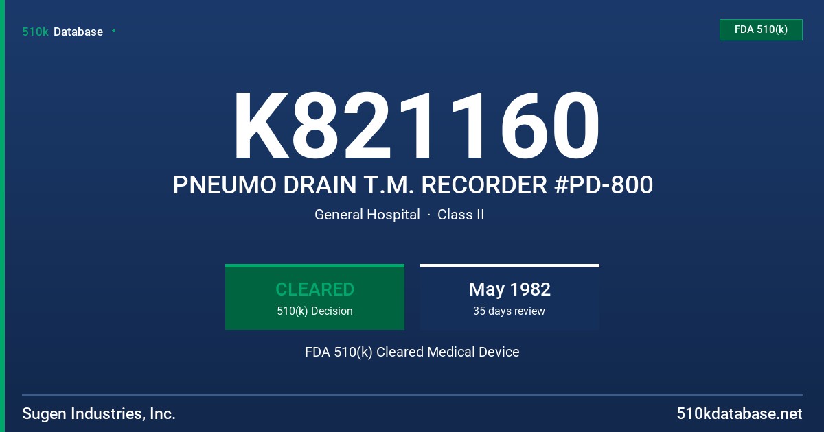 K821160 PNEUMO DRAIN T.M. RECORDER #PD-800 FDA 510(k) Cleared Medical Device