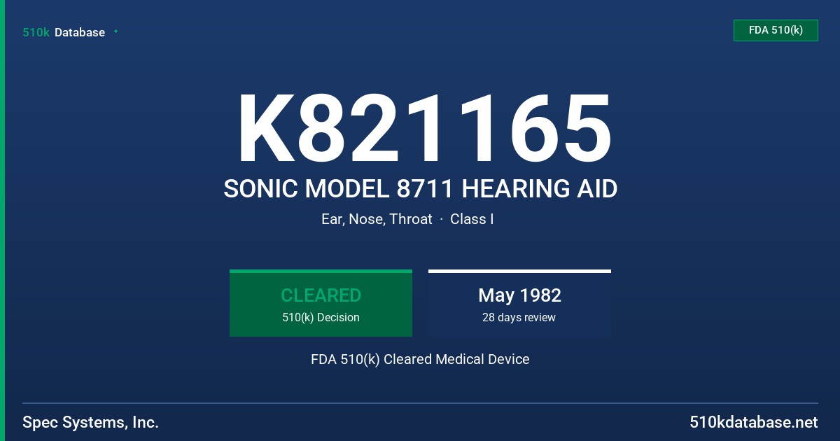 K821165 SONIC MODEL 8711 HEARING AID FDA 510(k) Cleared Medical Device