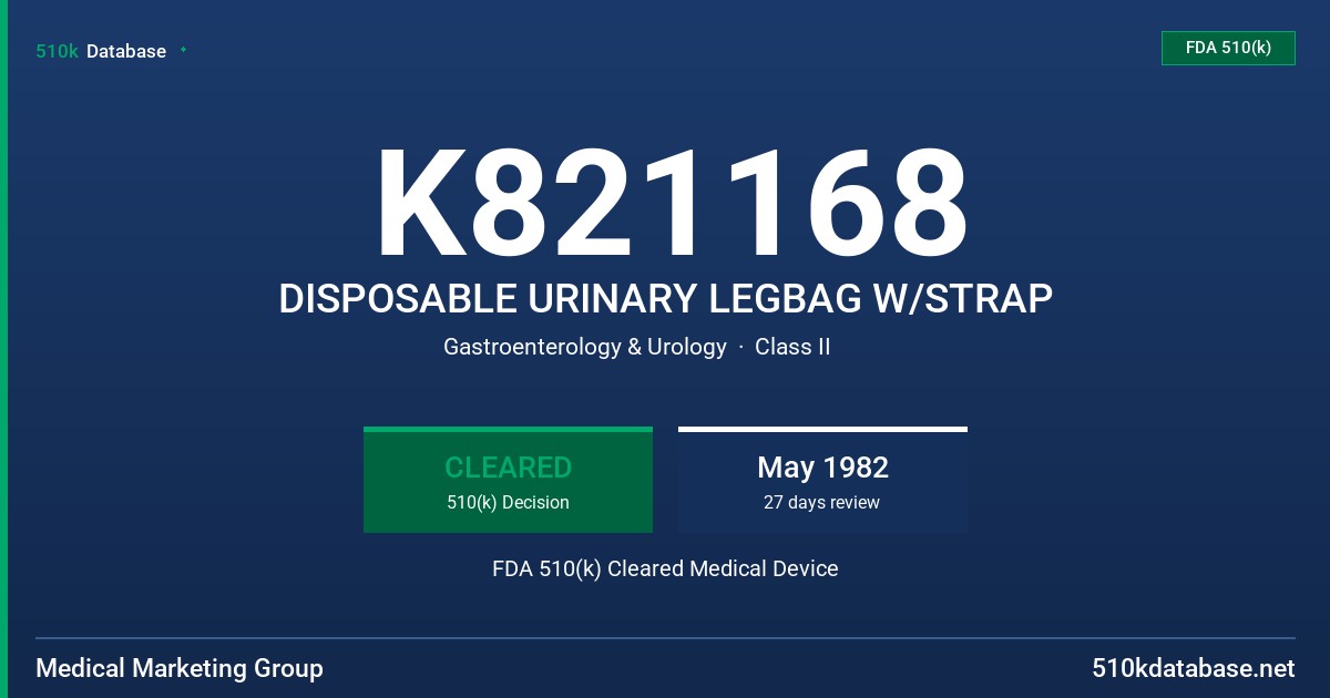 K821168 DISPOSABLE URINARY LEGBAG W/STRAP FDA 510(k) Cleared Medical Device