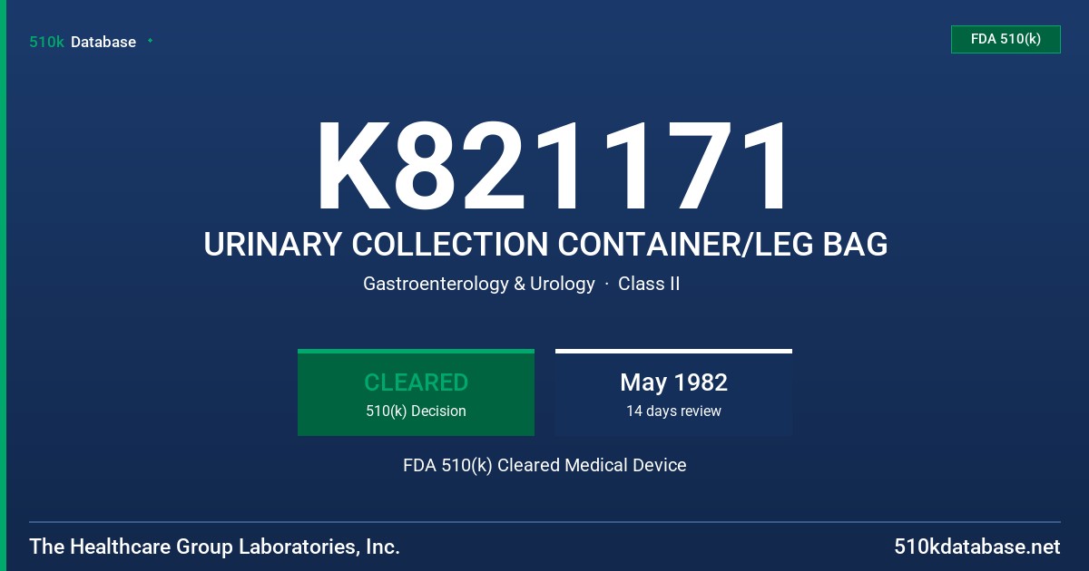K821171 URINARY COLLECTION CONTAINER/LEG BAG FDA 510(k) Cleared Medical Device