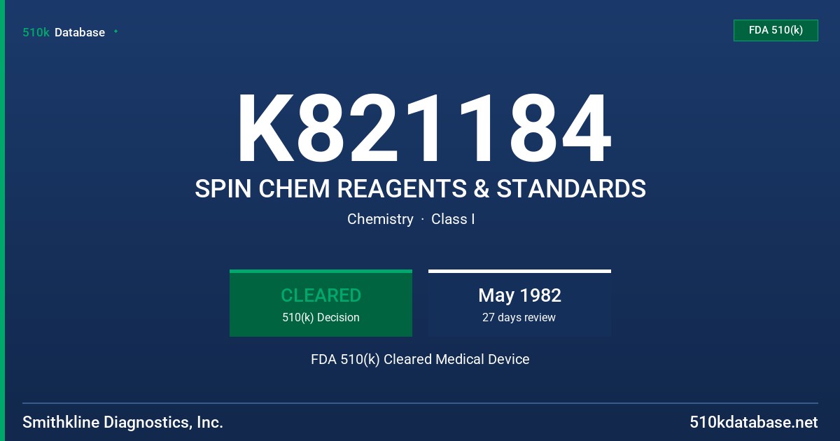 K821184 SPIN CHEM REAGENTS & STANDARDS FDA 510(k) Cleared Medical Device