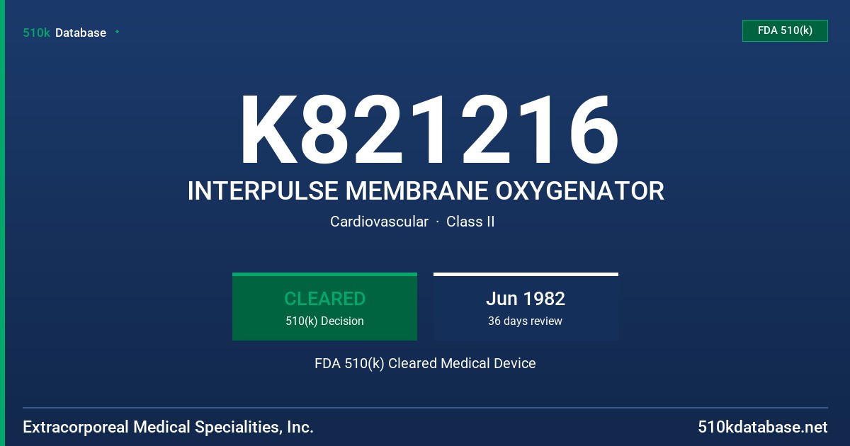 K821216 INTERPULSE MEMBRANE OXYGENATOR FDA 510(k) Cleared Medical Device