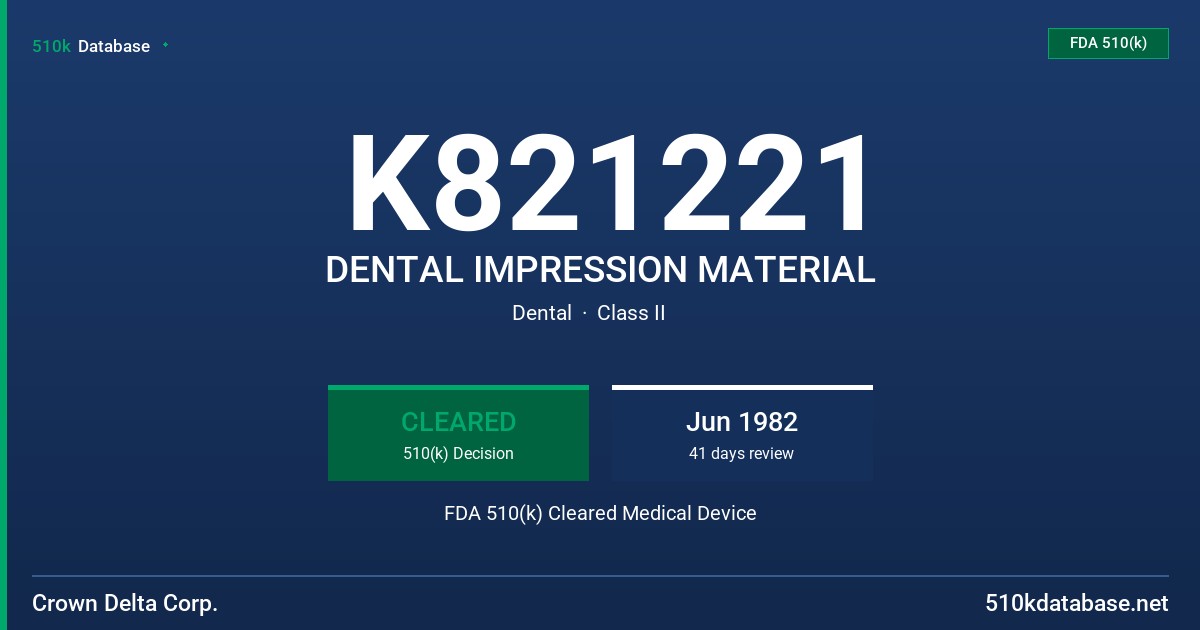 K821221 DENTAL IMPRESSION MATERIAL FDA 510(k) Cleared Medical Device