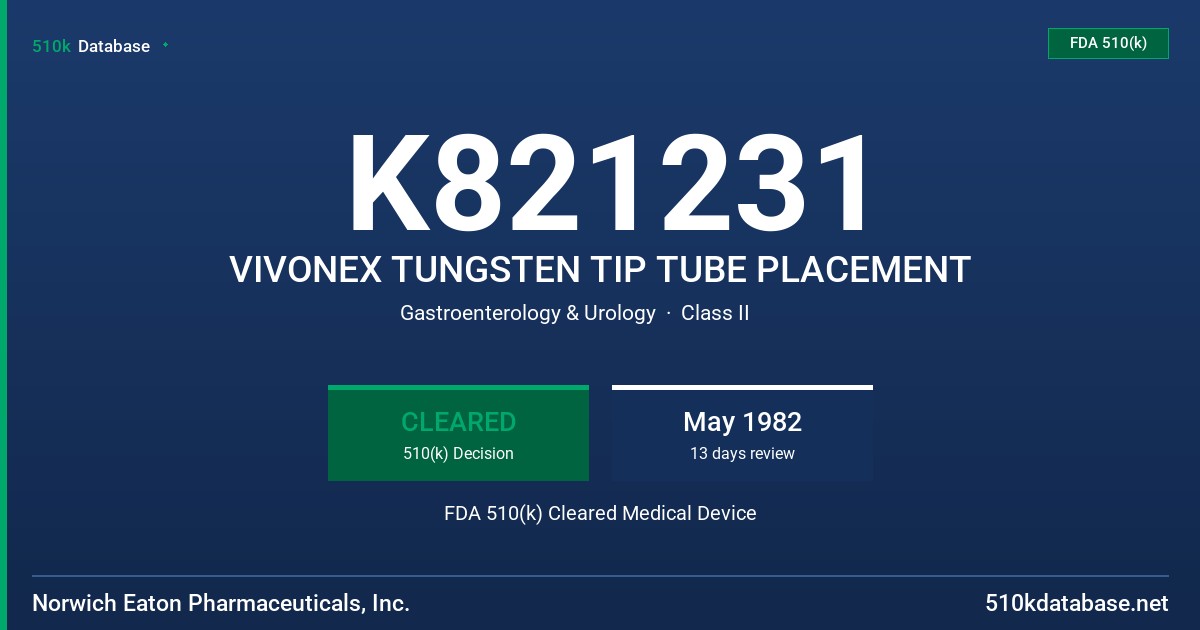 K821231 VIVONEX TUNGSTEN TIP TUBE PLACEMENT FDA 510(k) Cleared Medical Device