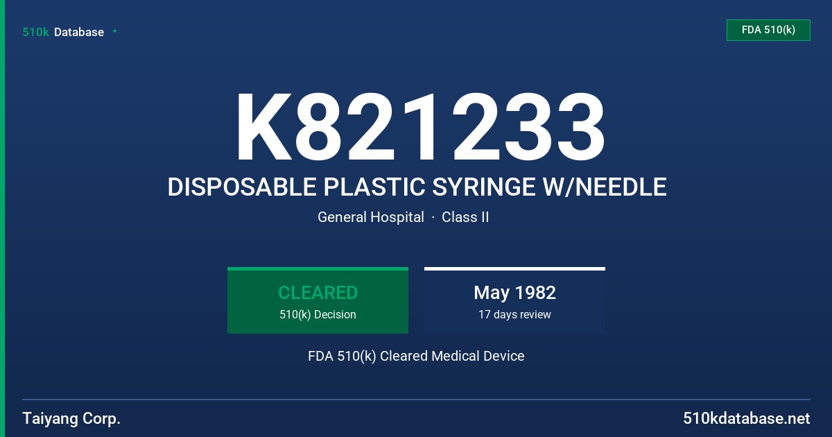 K821233 DISPOSABLE PLASTIC SYRINGE W/NEEDLE FDA 510(k) Cleared Medical Device