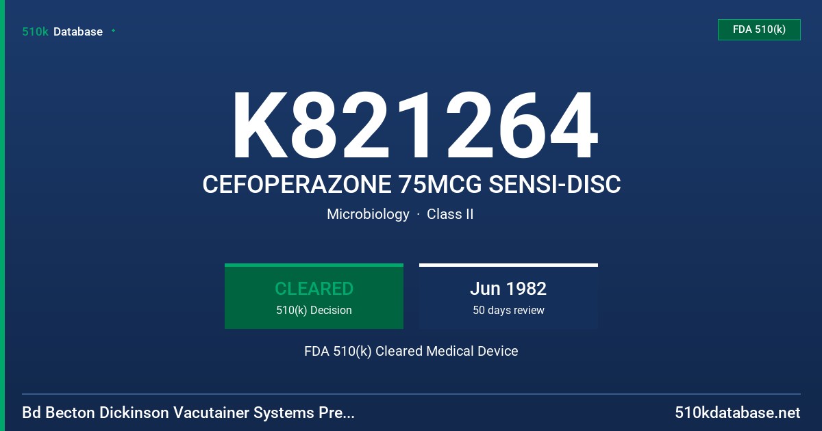 K821264 CEFOPERAZONE 75MCG SENSI-DISC FDA 510(k) Cleared Medical Device
