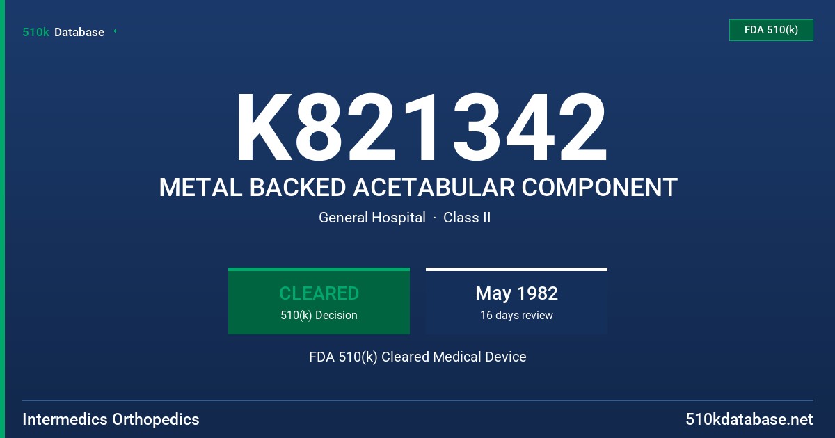 K821342 METAL BACKED ACETABULAR COMPONENT FDA 510(k) Cleared Medical Device