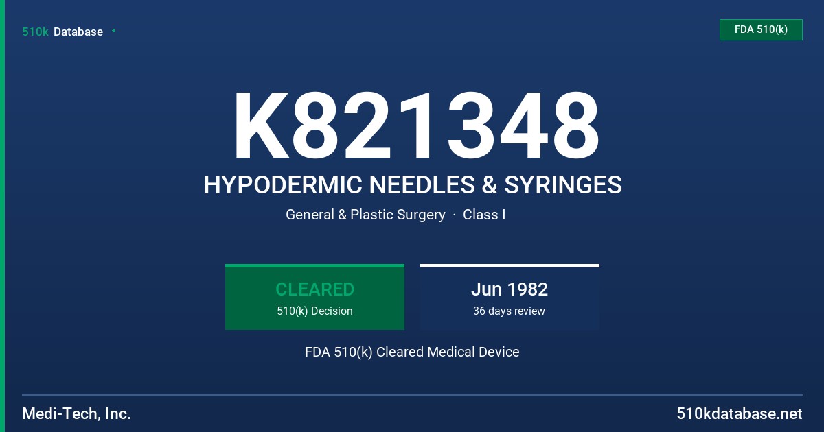 K821348 HYPODERMIC NEEDLES & SYRINGES FDA 510(k) Cleared Medical Device