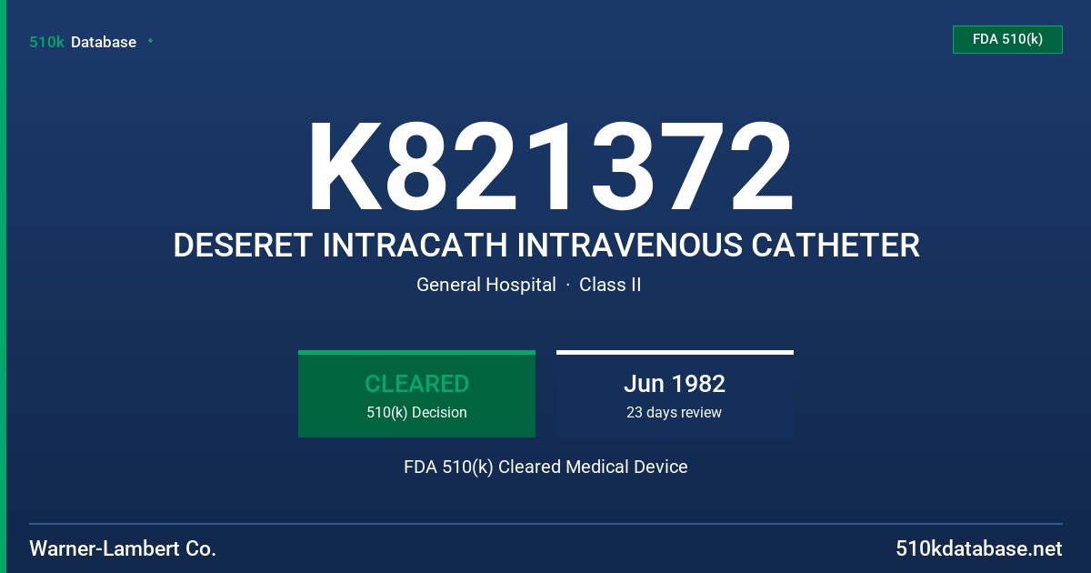 K821372 DESERET INTRACATH INTRAVENOUS CATHETER FDA 510(k) Cleared Medical Device
