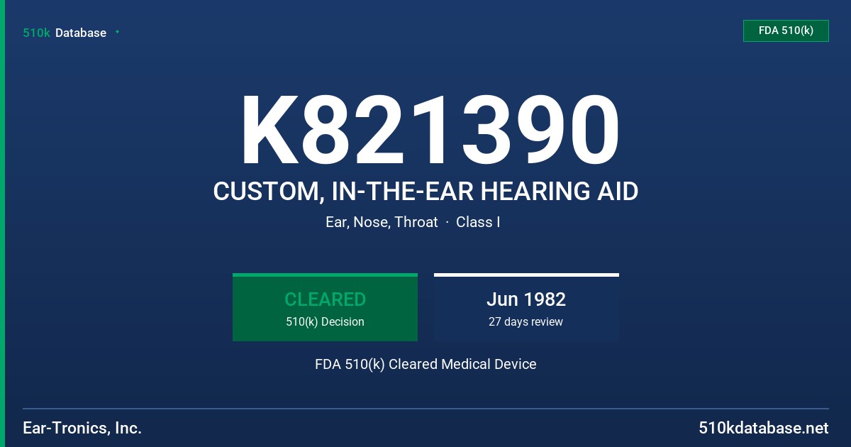 K821390 CUSTOM, IN-THE-EAR HEARING AID FDA 510(k) Cleared Medical Device