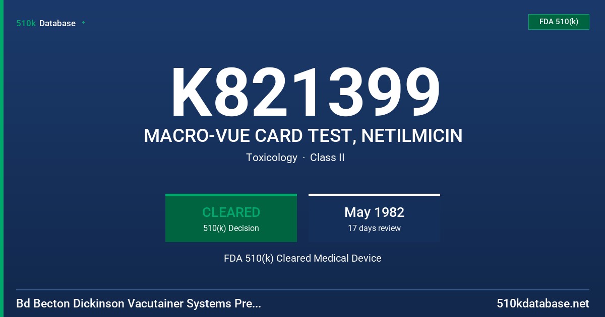 K821399 MACRO-VUE CARD TEST, NETILMICIN FDA 510(k) Cleared Medical Device