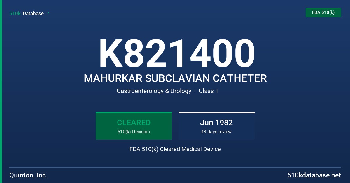 K821400 MAHURKAR SUBCLAVIAN CATHETER FDA 510(k) Cleared Medical Device