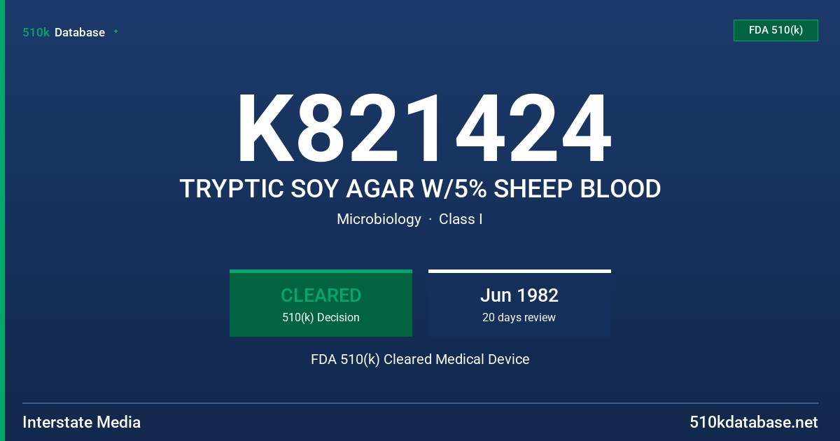 K821424 TRYPTIC SOY AGAR W/5% SHEEP BLOOD FDA 510(k) Cleared Medical Device