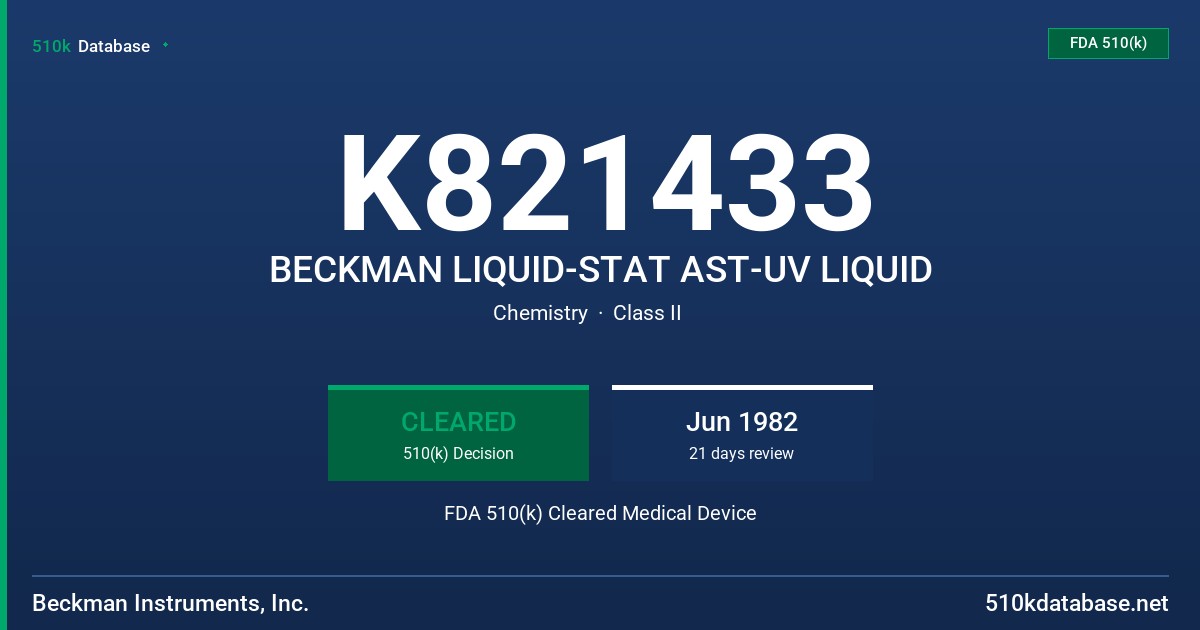 K821433 BECKMAN LIQUID-STAT AST-UV LIQUID FDA 510(k) Cleared Medical Device