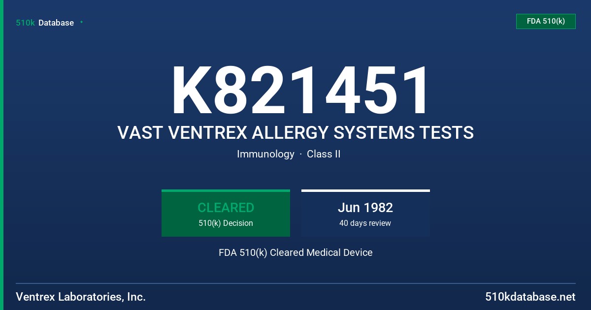 K821451 VAST VENTREX ALLERGY SYSTEMS TESTS FDA 510(k) Cleared Medical Device