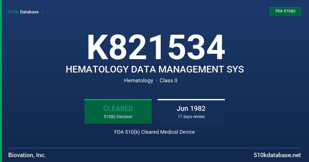 K821534 HEMATOLOGY DATA MANAGEMENT SYS FDA 510(k) Cleared Medical Device