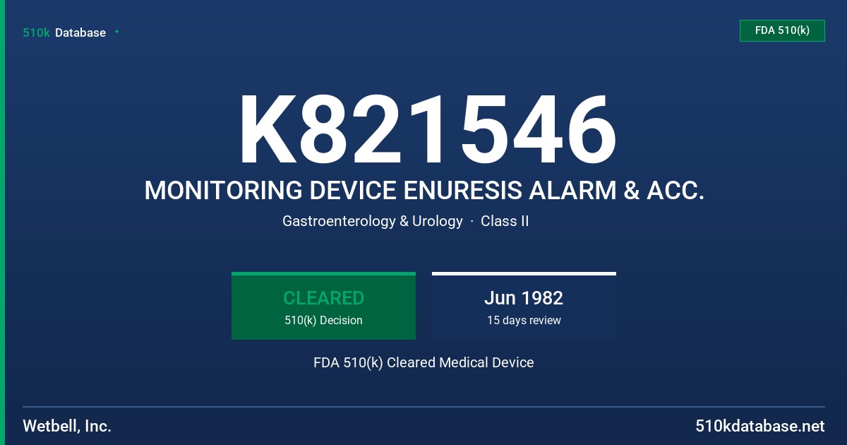 K821546 MONITORING DEVICE ENURESIS ALARM & ACC. FDA 510(k) Cleared Medical Device