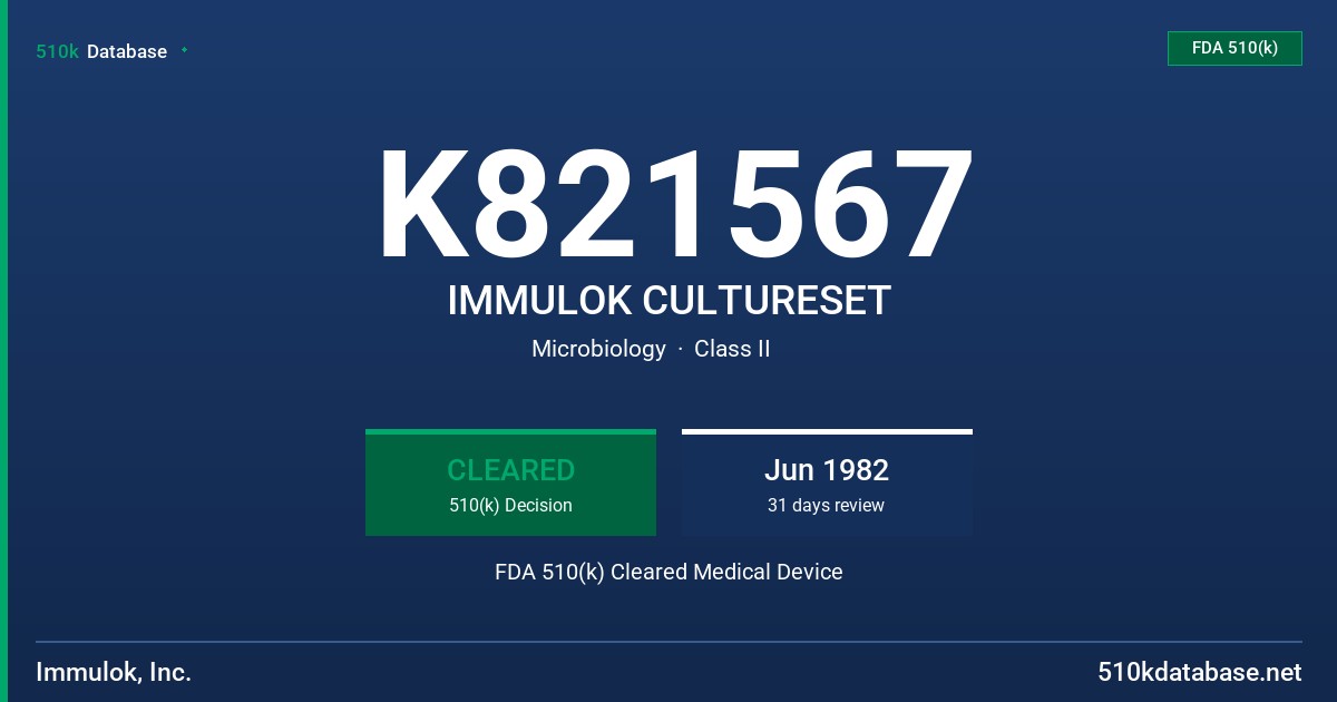 K821567 IMMULOK CULTURESET FDA 510(k) Cleared Medical Device