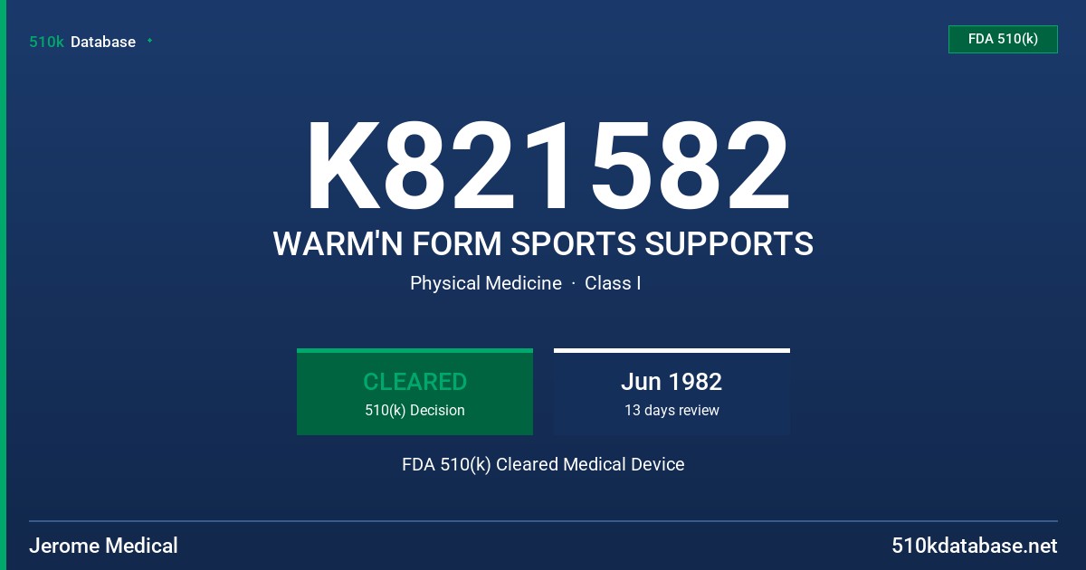 K821582 WARM'N FORM SPORTS SUPPORTS FDA 510(k) Cleared Medical Device