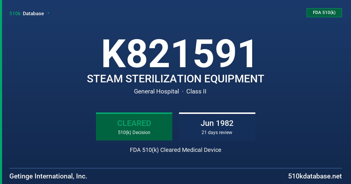 K821591 STEAM STERILIZATION EQUIPMENT FDA 510(k) Cleared Medical Device