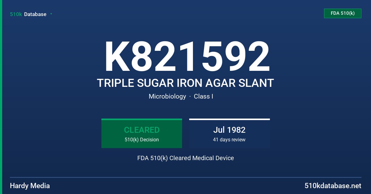 K821592 TRIPLE SUGAR IRON AGAR SLANT FDA 510(k) Cleared Medical Device