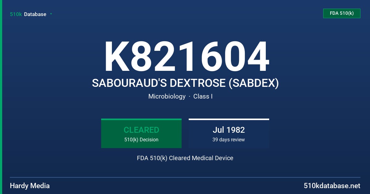 K821604 SABOURAUD'S DEXTROSE (SABDEX) FDA 510(k) Cleared Medical Device