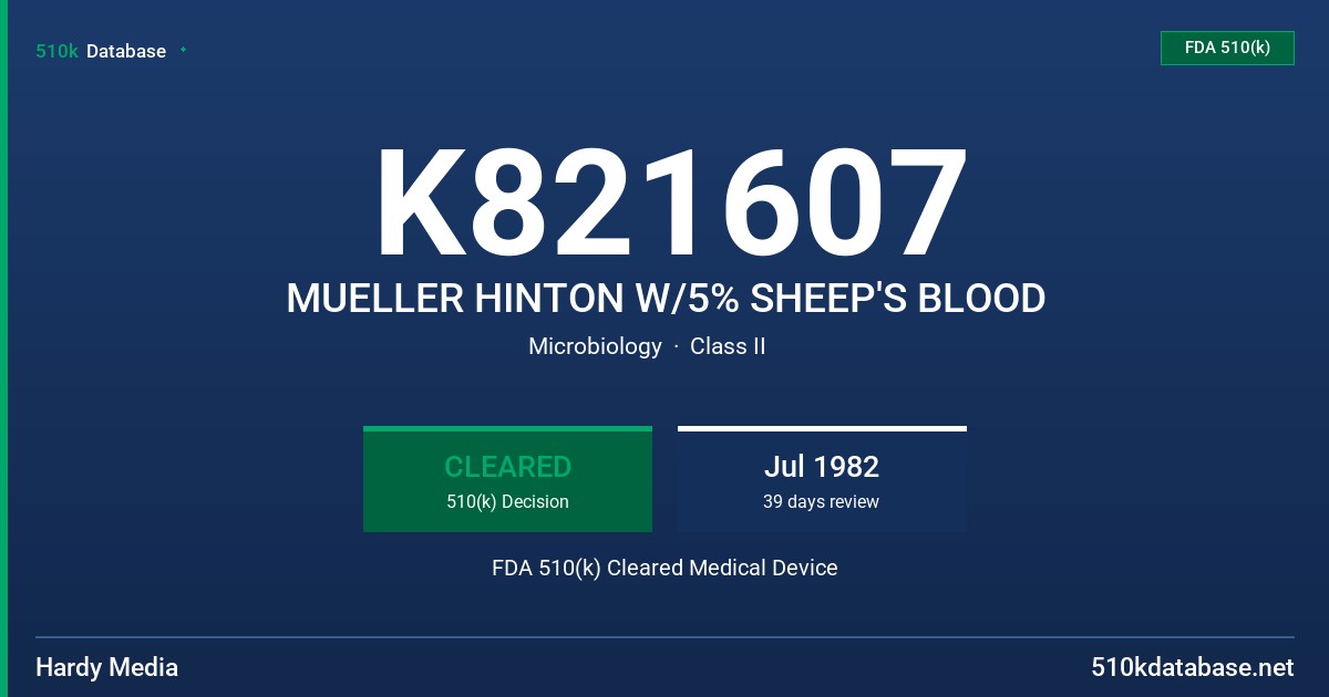K821607 MUELLER HINTON W/5% SHEEP'S BLOOD FDA 510(k) Cleared Medical Device