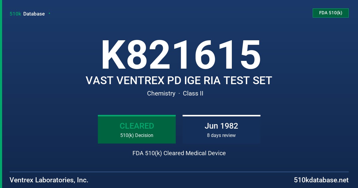 K821615 VAST VENTREX PD IGE RIA TEST SET FDA 510(k) Cleared Medical Device