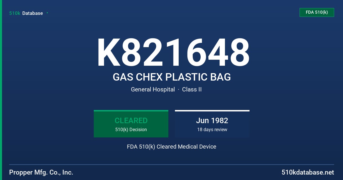 K821648 GAS CHEX PLASTIC BAG FDA 510(k) Cleared Medical Device