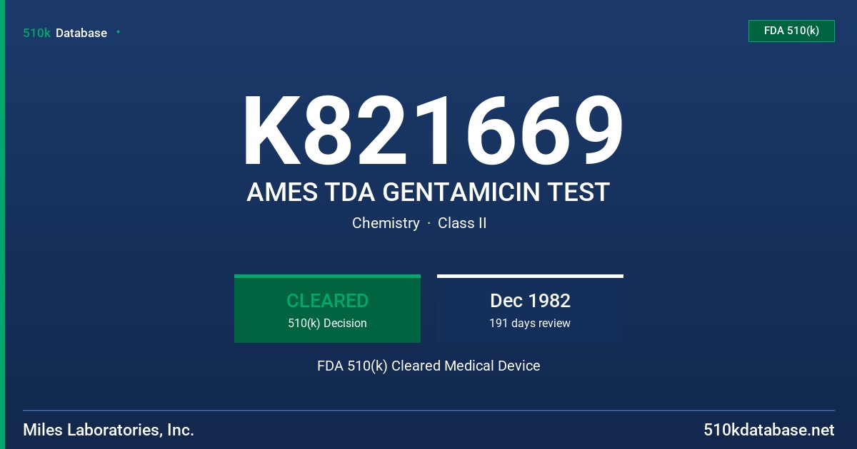 K821669 AMES TDA GENTAMICIN TEST FDA 510(k) Cleared Medical Device