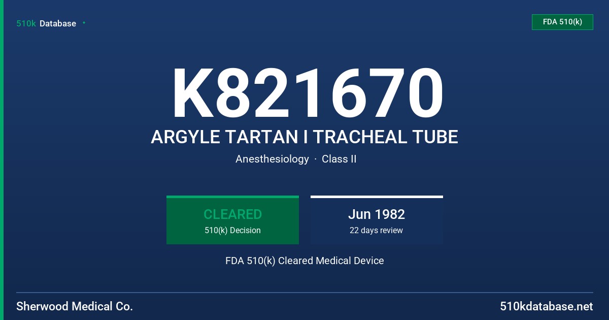 K821670 ARGYLE TARTAN I TRACHEAL TUBE FDA 510(k) Cleared Medical Device