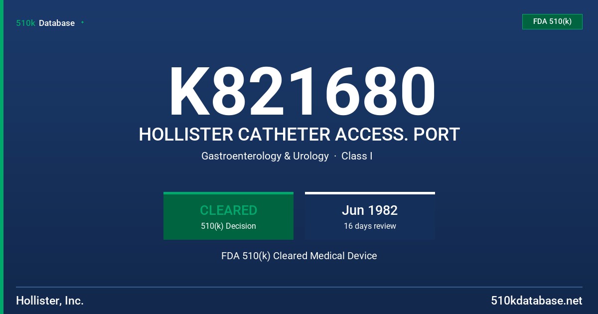 K821680 HOLLISTER CATHETER ACCESS. PORT FDA 510(k) Cleared Medical Device