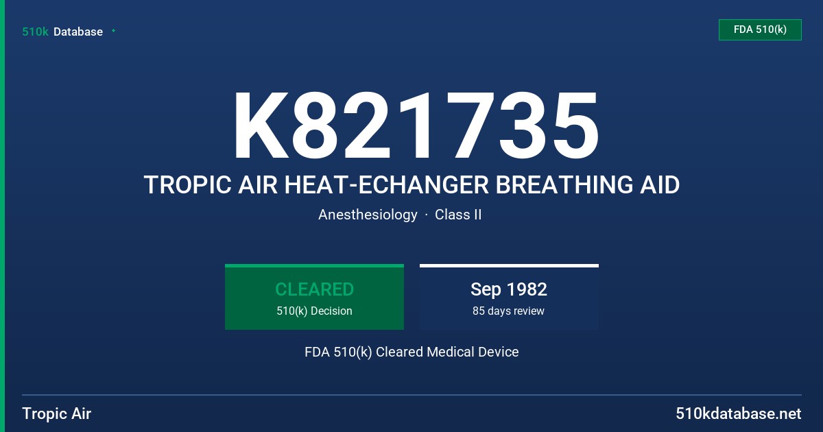 K821735 TROPIC AIR HEAT-ECHANGER BREATHING AID FDA 510(k) Cleared Medical Device